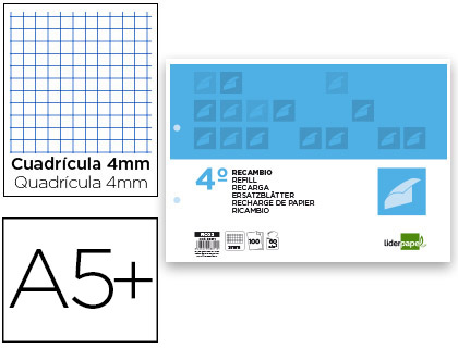 Recambio Liderpapel 4º apaisado 100h 60g/m² c/3mm. con margen 2 taladros